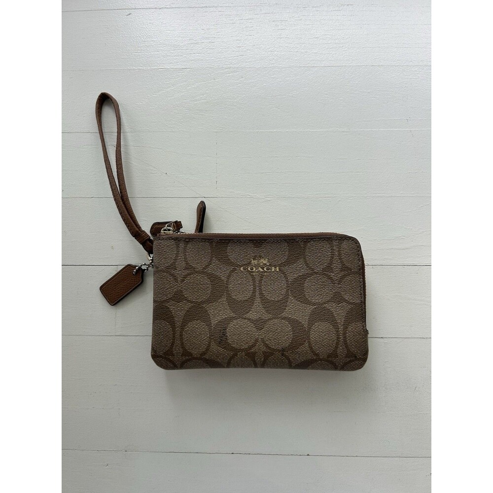 Coach Signature Double Corner Zip Wristlet Khaki Brown